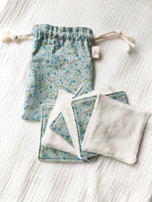 lingettes-lavables-pochon-fleuri-bleu